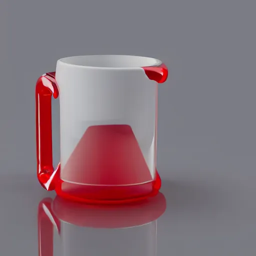 Prompt: an ultra high definition professional studio quality photograph of a transparent glass cubist red mug on a white plinth in an empty white room. dramatic lighting, ray tracing, refraction, shallow d. o. f, colour corrected, symmetrical layout, three point light.
