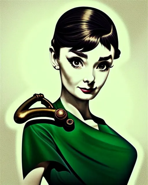 Prompt: in the style of joshua middleton, artgerm, beautiful audrey hepburn, steampunk, bioshock, full body green dress, elegant pose, middle shot, spooky, symmetrical face symmetrical eyes, three point lighting, detailed realistic eyes, short neck, insanely detailed and intricate elegant