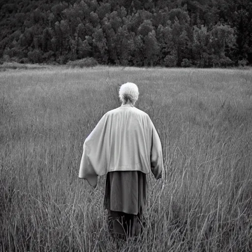 Prompt: old prophet wandering about a meadow. backlighting. lit from behind. radiant glow. iso 1 5 0