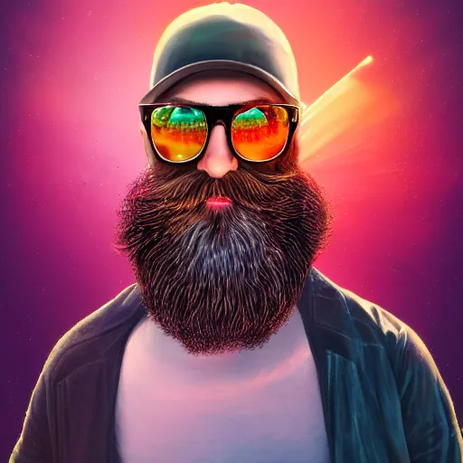 Prompt: a man having long beard and wearing sunglasses traveling through skateboard in the heaven of paralleluniverse, full body , magical effect, clean and clear face , sharp image, illustration, glowing effect, 8k , concept art trending on artstation, hyperdetailed, hyperreal , ultra reasltic