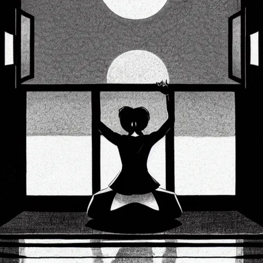 Prompt: of a takashi okazaki style pencil and ink manga drawing of scarlett johansson meditating in the middle of a dojo with dramatic moonlight coming in through the window.