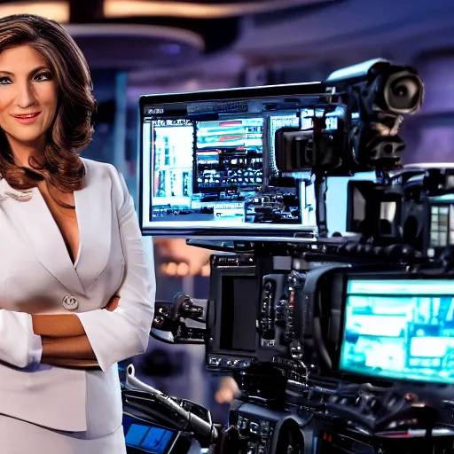 Image similar to cinematic studio photograph of a fox news anchorwoman at work, by daniella zalcman, highly detailed, canon eos r 3, f / 1. 4, iso 2 0 0, 1 / 1 6 0 s, 8 k, raw, unedited, symmetrical balance