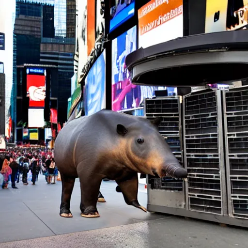 Prompt: A photograph of a tapir on top of a News Stand in Times Square.