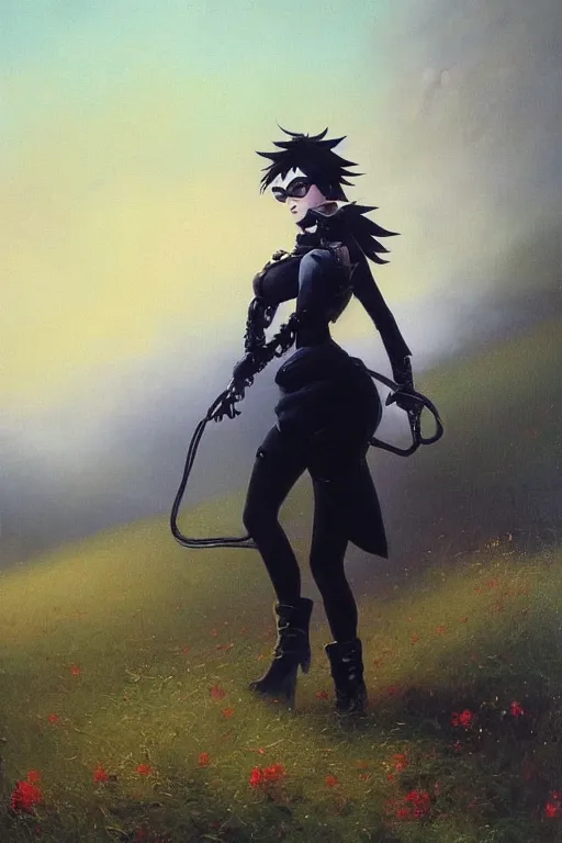 Prompt: oil painting of goth tracer overwatch in a field of grass, style of ivan aivazovsky, full body