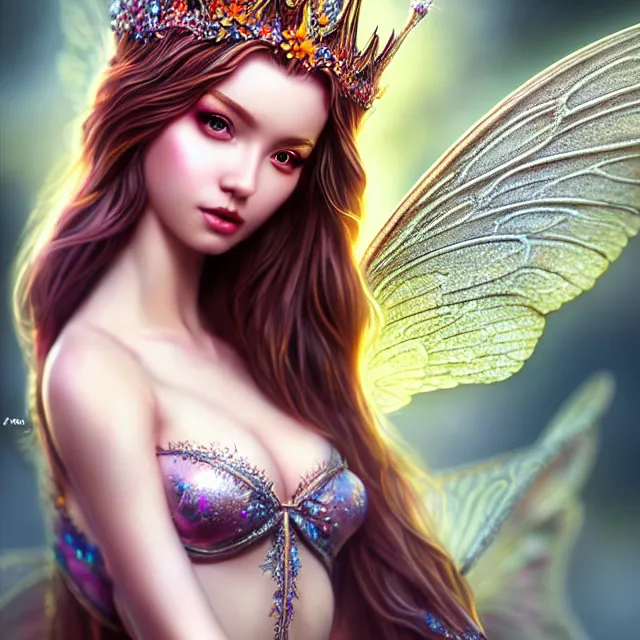 Image similar to beautiful adult fairy queen, highly detailed, 4 k, hdr, smooth, sharp focus, high resolution, award - winning photo, artgerm, photorealistic