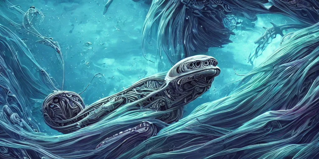 Prompt: A stunning scene of an alien looking sea creature in a deep sea below one hundred kilometers from the sea level, detailed illustration, digital art, overdetailed art, complementing colors, trending on artstation, Cgstudio, the most beautiful image ever created, dramatic, subtle details, illustration painting, vibrant colors, 8K, award winning artwork, high quality printing, fine art, intricate, epic lighting, very very very very beautiful scenery, 8k resolution, digital painting, sharp focus, professional art, atmospheric environment, 8k ultra hd, artstationHD, hyper detailed, elegant, cinematic, awe inspiring, beautiful, super hyper duper extra realistic