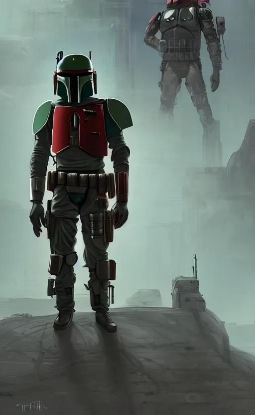 Image similar to cyberpunk mercenary inspired by boba fett in a scenic scifi environment