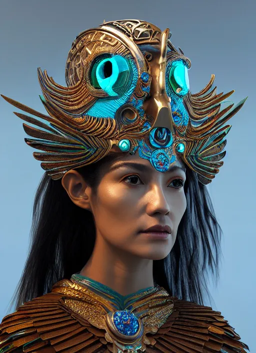 Prompt: 3 d goddess close - up profile portrait. beautiful intricate highly detailed mexican magpie helm and traditional mexican huipil. stingray, bio luminescent, plasma, lava, ice, water, wind, stormy, creature, artwork by tooth wu and wlop and beeple and greg rutkowski, octane 3 d render