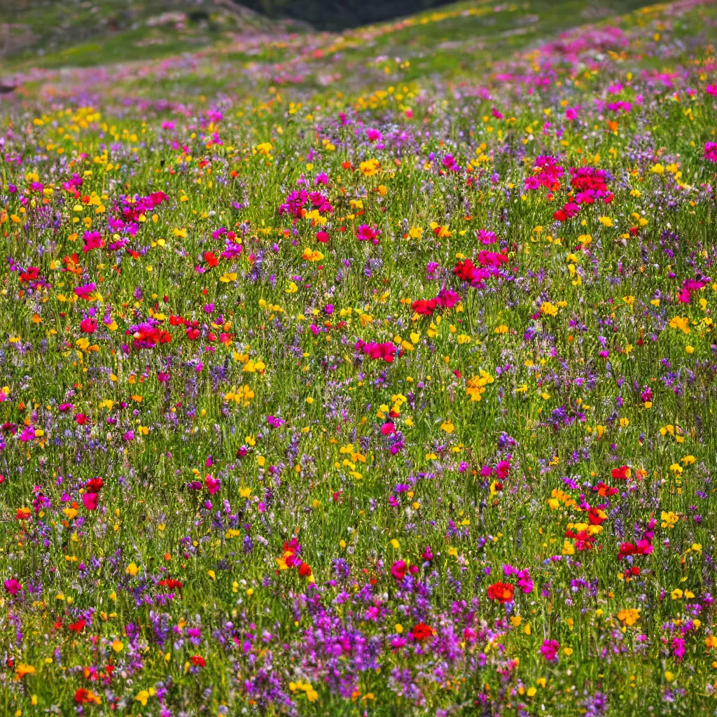 Image similar to a colourful flower meadow in the alps, sunny weather, Carl Zeiss 35mm vintage lens, bokeh