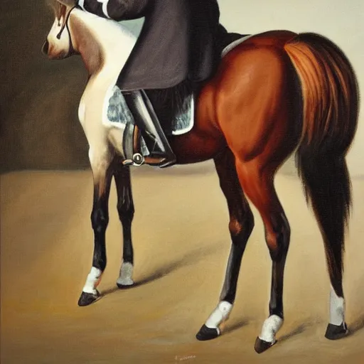 Prompt: painting of a man drinking a guinness on a horse