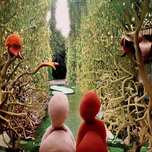 Prompt: two weird duck headed sisters standing side by side in a weird fantastical garden, weird, weirder, weirdest, high resolution photograph by stanley kubrick, masterpiece, beautiful, deep spatial depth, atmospheric perspective, wide angle lens