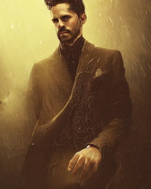 Image similar to a highly detailed portrait of devious male magician radiating a powerful energy aura, ornate back tuxedo, wispy tendrils of smoke, intricate, digital painting, old english, raining, sepia, particles floating, whimsical background by marc simonetti, artwork by liam wong