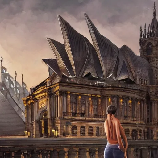 Image similar to werewolf highly sitting on the opera house at lviv, panorama, highly detailed, full body, digital painting, trending on artstation, concept art, sharp focus, illustration, art by artgerm and greg rutkowski and magali villeneuve