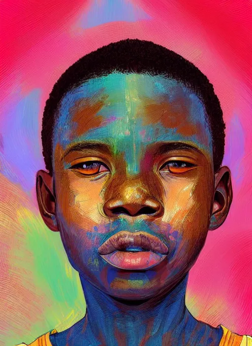 Prompt: colourful upper half portrait of an african boy - art by tenmyouya hisashi, highly detailed, digital painting, illustration, smooth, sharp focus, intricate, symmetry, pinterest, behance, artstation