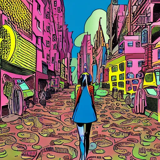 Prompt: young slender girl with headphones in densely packed city street from behind, psychedelic 70s comic book artstyle