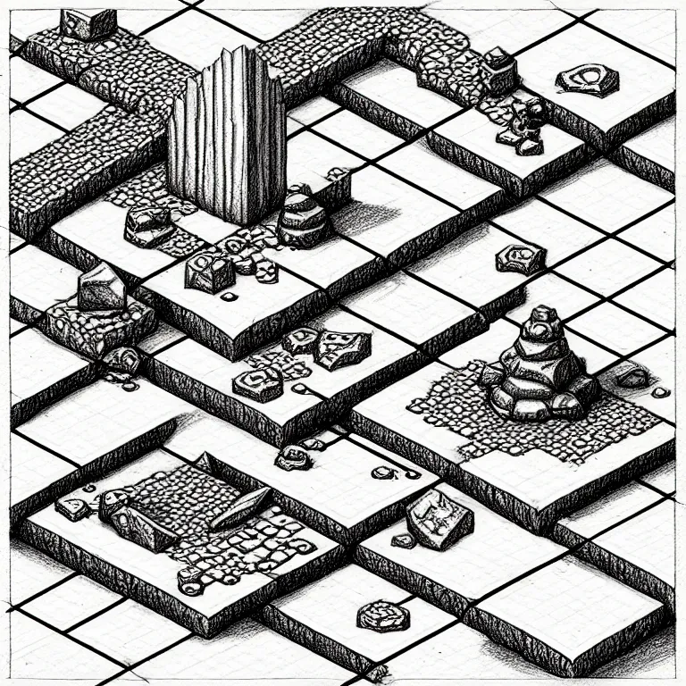 Image similar to an absurdly-detailed isometric fantasy scene pencil drawing as a fancy square tile