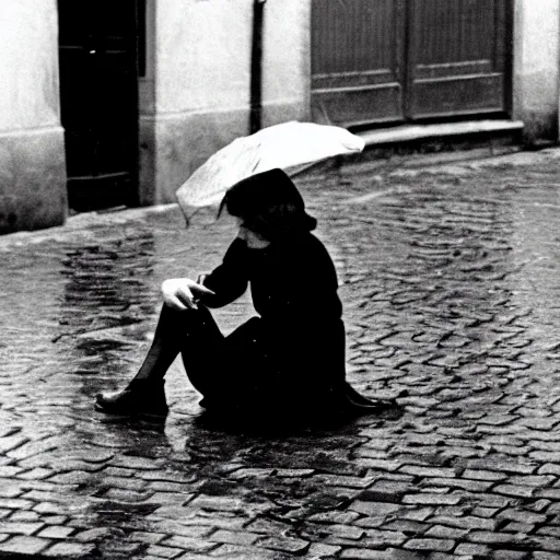 Image similar to fine art photograph of a woman waiting for the rain to stop, rainy flagstone cobblestone street, sharp focus photo by henri cartier - bresson