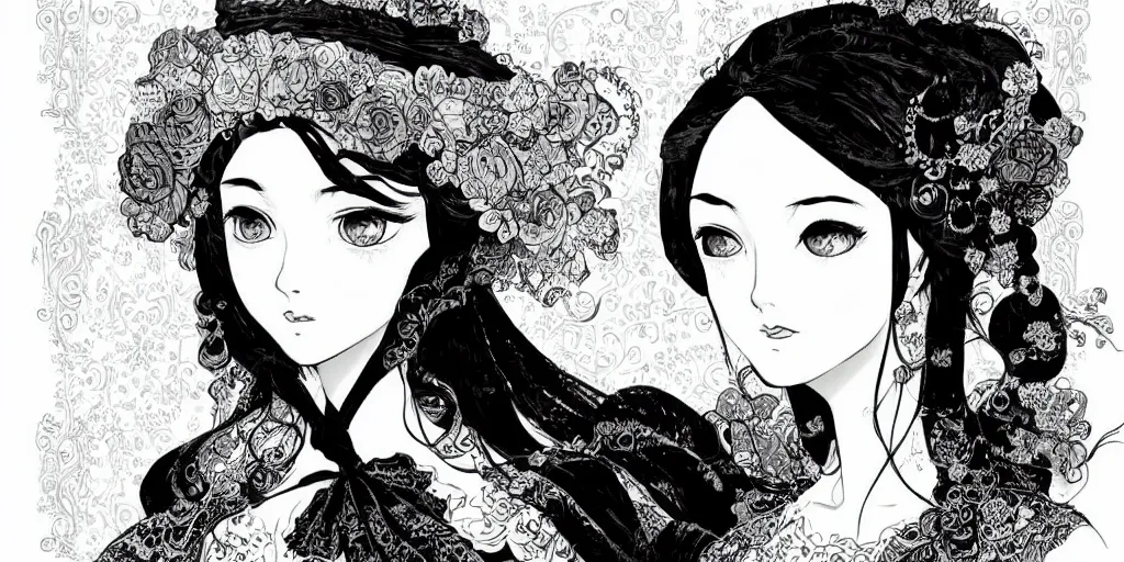 Prompt: Portrait a woman in Victorian clothing, Art by Yana Toboso, manga, black and white, japanese ink, high contrast, digital art