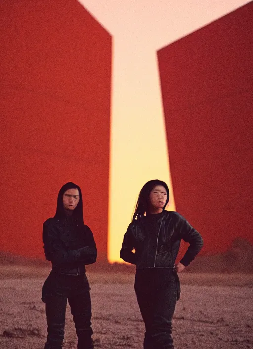 Image similar to cinestill 5 0 d photographic portrait of two loving female androids wearing rugged black techwear on a desolate plain with a red sky, extreme closeup, lizard on ground, cyberpunk style, in front of a brutalist dark metal facility, dust storm, 8 k, hd, high resolution, 3 5 mm, f / 3 2