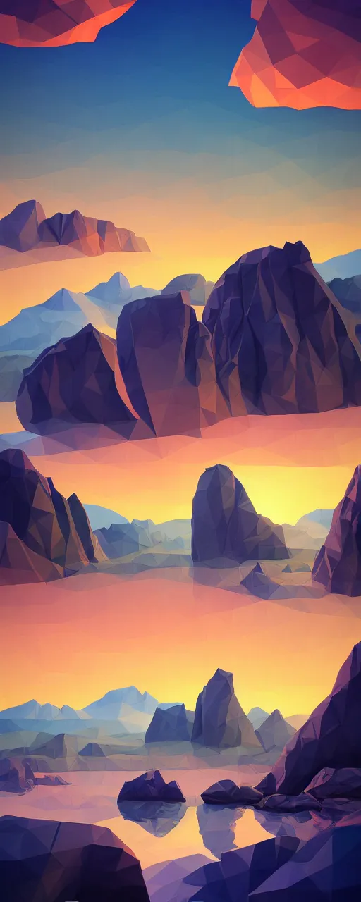 Image similar to super detailed color lowpoly art, northern sunset with rocks on front, monochrome photorealistic bay in the middle of perspective and mountains at background, big graphic ship in the middle of composition, unreal engine, high contrast color palette, 3 d render, lowpoly, colorful, digital art, perspective, robb cobb, robert mccall, syd mead