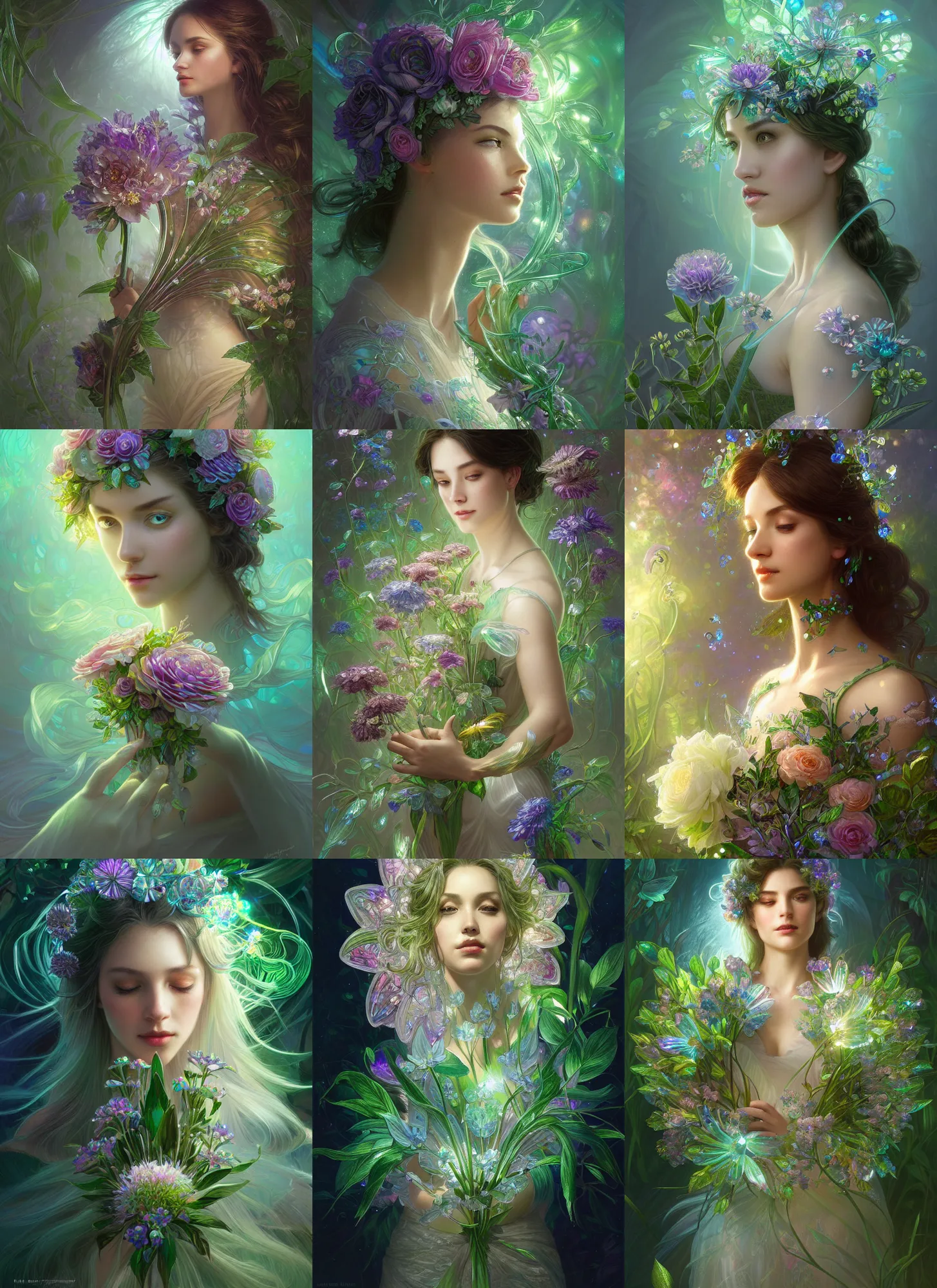 Prompt: iridescent diaphanous refractive and reflective crystal flower bouquet, verdant, lush, overgrown, fantasy, intricate, elegant, highly detailed, digital painting, artstation, concept art, matte, sharp focus, illustration, hearthstone, art by artgerm and greg rutkowski and alphonse mucha