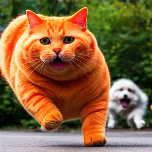 Image similar to a giant fat orange cat chasing and scaring a group of small dogs