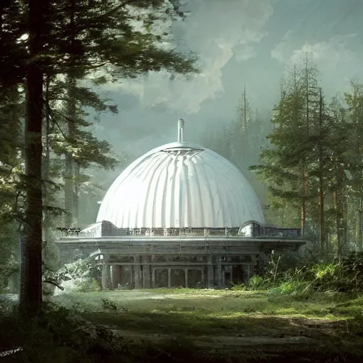 Image similar to mysterious glowing white domed sci-fi building, Ivan Shishkin and Greg Rutkowski