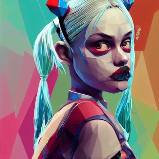 Image similar to digital art, low poly 3d render of Harley Quinn but she's a beautiful ape kid with long pony tails on either side of her head, illustration, by James Jean, artgerm, octane render, by John Coltrane and Marc Simonetti, Manic, graffiti, kinemacolor, colorful, high detail of the face