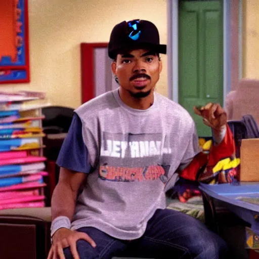 Image similar to a tv still of Chance The Rapper starring as a black college student at Jones College Prep in a 1993 sitcom