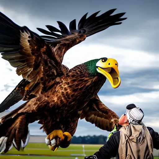 Image similar to cinematic photo of a giant eagle snatching away the oregon duck mascot with its talons, camera is looking up at the subject in the sky with fancy clouds behind