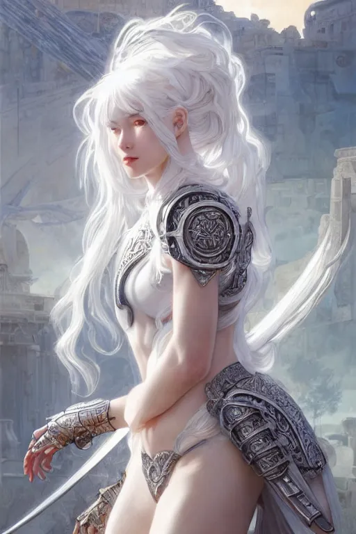 Image similar to portrait white hair knights of zodiac girl, sliver ice color reflected armor, in ruined agora of athens sunrise, ssci - fi and fantasy, intricate and very very beautiful and elegant, highly detailed, digital painting, artstation, concept art, smooth and sharp focus, illustration, art by tian zi and wlop and alphonse mucha