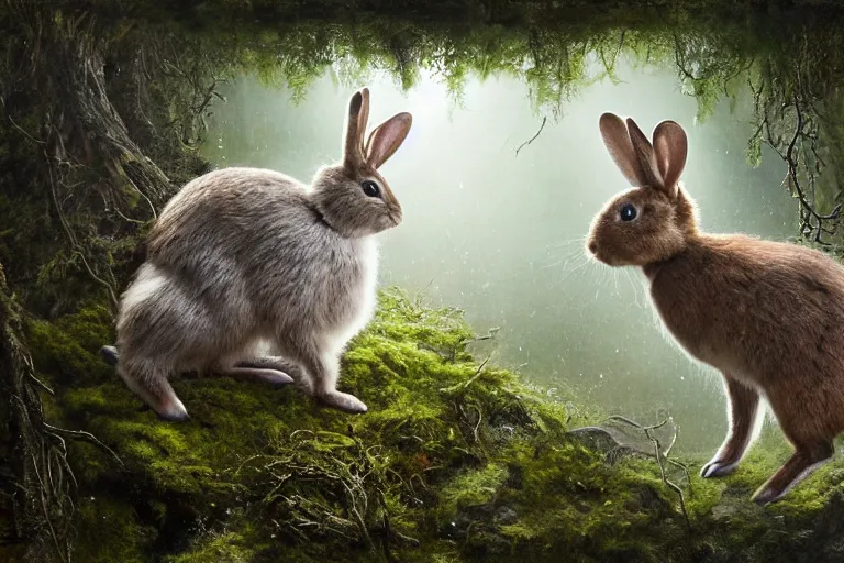 Image similar to photography print of taxidermy rabbit, majestic, stuffing of twigs and moss falling out, next on a cliff background, dappled lighting, backlit, by ellen jewett and dariusz zawadzki and brian froud and tom bagshaw, real, realistic, 8 k, high resolution, high definition, national geographics, professional wildlife photography