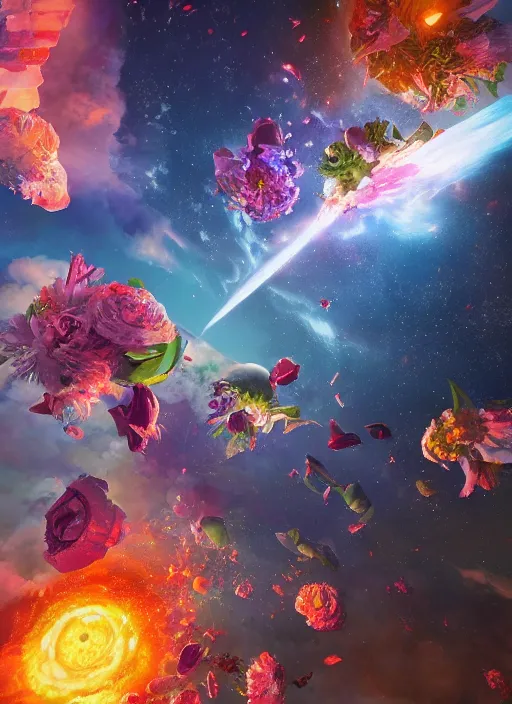 Image similar to An epic fantastic realism comic book style painting of the most beautiful flowers launched into space, bouquets, glorious galactic collision, sharp focus, fisheye, unreal 5, DAZ, hyperrealistic, octane render, dynamic lighting