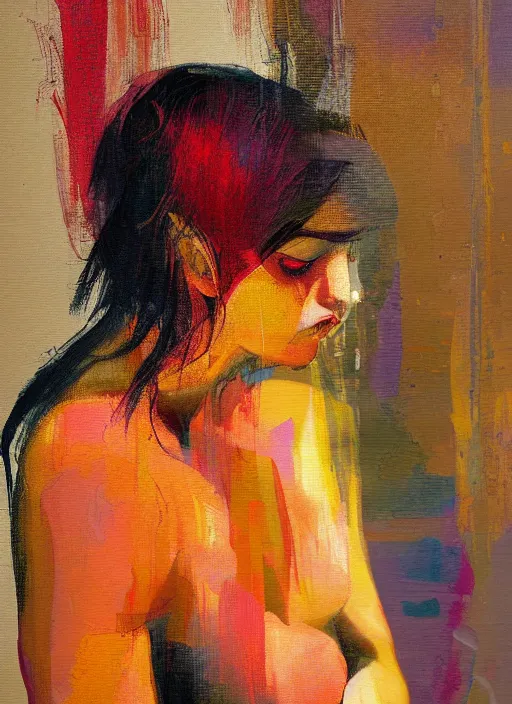 Image similar to a beautiful glitched painting by christian hook and alex kanevsky of a woman in a bathroom, still life, warm colors