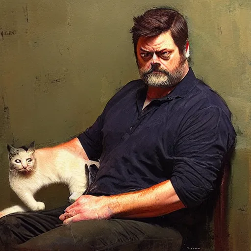 Image similar to nick offerman with cat body, jeremy mann painting