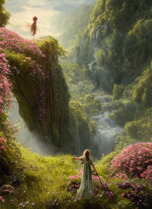 Image similar to an elegant fairy with wings of lace looking at a lord of the rings scenery landscape, vast lush valley flowers and wood structures, stream, sunrise, god's rays highly detailed, vivid color, cinematic lighting, perfect composition, 8 k, gustave dore, derek zabrocki, greg rutkowski, belsinski, octane render