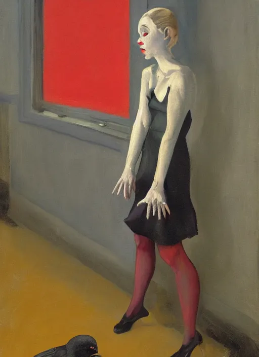 Image similar to a painting of annasophia robb standing on her knees, frozen cold stare, blood red background, transparent gray skirts, stockings, crows swarming trapped in the void as a symbol of death, in style of Edward Hopper, surrealism of Francis Bacon painting, Ilya Kuvshinov, John Singer Sargant, impasto textures of Chaim Soutine and Frank Auerbach, American Gothic, Japanese Gothic,