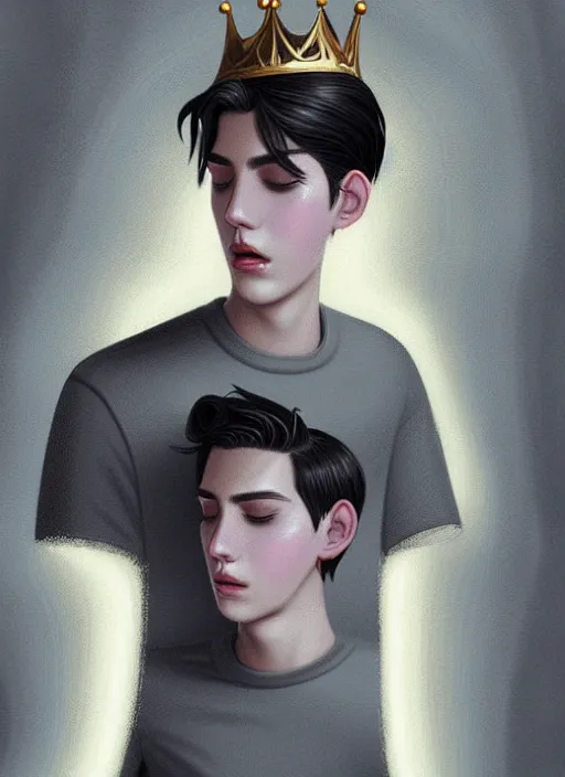 Image similar to portrait of teenage jughead jones wearing a light grey crown, photorealistic, crown, eyes closed, crown, black hair, intricate, elegant, glowing lights, highly detailed, digital painting, artstation, concept art, smooth, sharp focus, illustration, art by wlop, mars ravelo and greg rutkowski