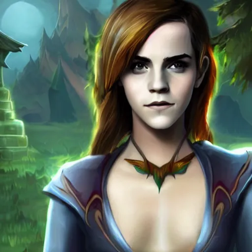 Prompt: Emma Watson in the style of the game World of Warcraft, with a background based on the game World of Warcraft, detailed face, old 3d graphics