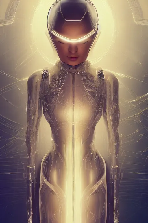 Prompt: detailed portrait cyber noun, attractive feminine curves, intricated, scifi, futuristic, elegant cape, year 2 1 0 0, elegant, alien room background, white, blue, pink, gold, photorealism, trending on artstation, so - s 1 4 8 ft light, holy machine, advanced technology, art by vitaly bulgarov and chanthara