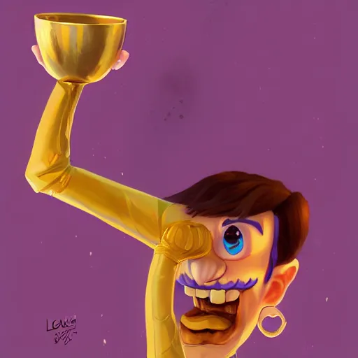 Prompt: waluigi holding golden cup, by lois van baarle, greg rutkowski, artstation, digital art, high detailed, high quality,