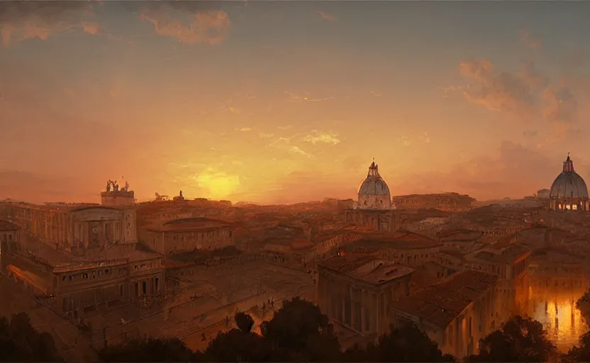 Image similar to painting of skyline of rome at sunset, natural light, concept art, by greg rutkowski, cozy atmospheric and cinematic lighting