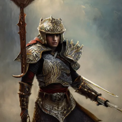 Prompt: highly realistic painting of a male fantasy warrior, 4k, victorious, magic, battle