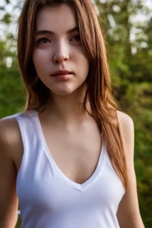 Prompt: 2 4 year old female wearing white v - neck top, neck zoomed in, photo realistic, extreme detail skin, no filter, slr, golden hour, 4 k, high definition, photograph, selfie