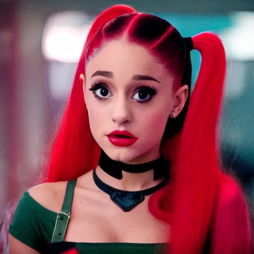 Prompt: Ariana Grande as real-life Harley Quinn, cinematic, Wide-shot, atmospheric lighting, directed by Ti West, extreme detail, 8K, movie still