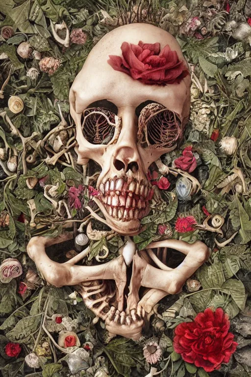 Image similar to an anatomical man with large eyes and lips laying in bed of bones of flowers, he feels an existential dread of love, HD Mixed media, highly detailed and intricate, surreal illustration in the style of Caravaggio, baroque dark art