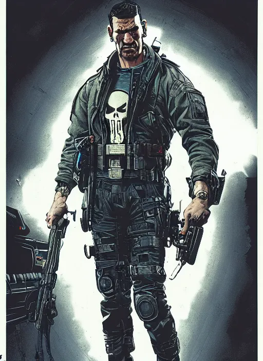 Prompt: the punisher. cyberpunk mercenary in tactical harness and jumpsuit. portrait by stonehouse and mœbius and will eisner and gil elvgren and pixar. realistic proportions. dystopian. cyberpunk 2 0 7 7, apex, blade runner 2 0 4 9 concept art. cel shading. attractive face. thick lines.