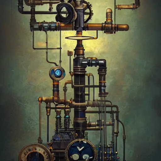 Prompt: A random pointless contraption ((steampunk)) industrial appliance pneumatic machine with no apparent purpose, being operated by a scholarly looking man with a clear directed gaze, artwork by Petros Afshar