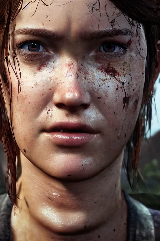 Image similar to ultra realistic facial portrait of ellie from the last of us part 2, digital art, character portrait, highly detailed, trending on artstation, lens flare, atmosphere, hyper realistic, cinematic lightning, sharp focus, unreal engine 5, extreme details perfect face, pretty face, fine - face, illustration, 8 k, ultra texture, masterpiece