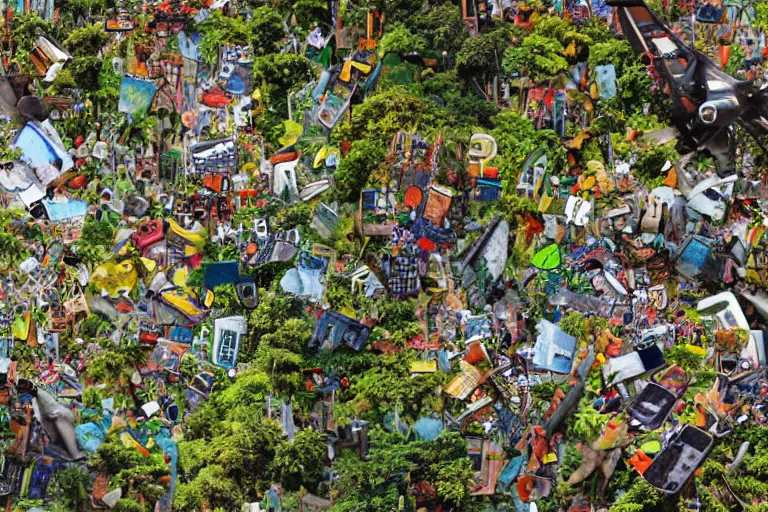 Image similar to bottom up shot of plane dropping smartphones in the jungle by jill charuk, colorful, highly detailed, decollage 4 k